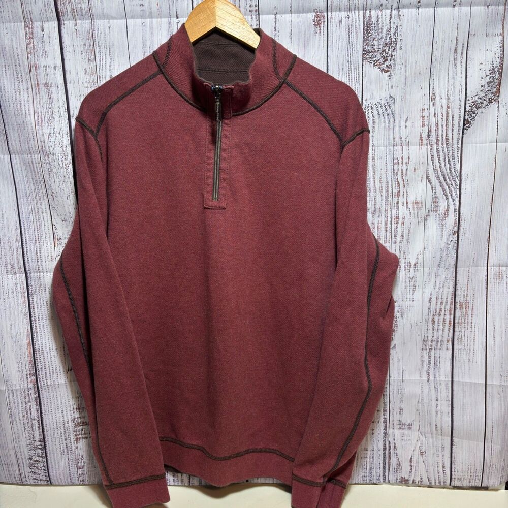 Tommy Bahama Mens 1/4 Zip Brown Reversible Pullover Sweatshirt Shirt Large